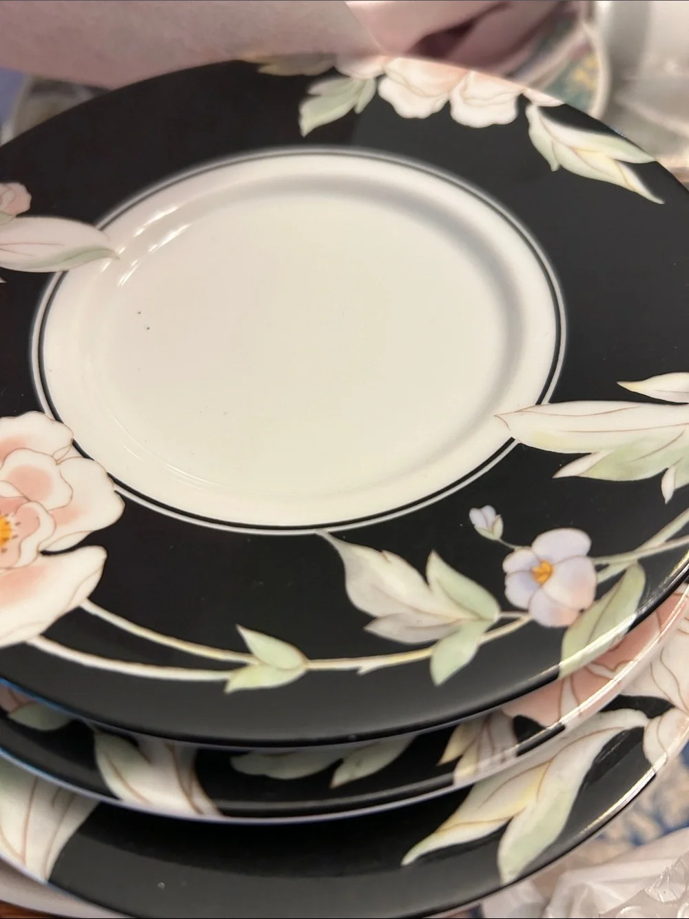 Finesse fine China Desert  Plates (7) Black  Magic Pale Pink Floral JAPAN